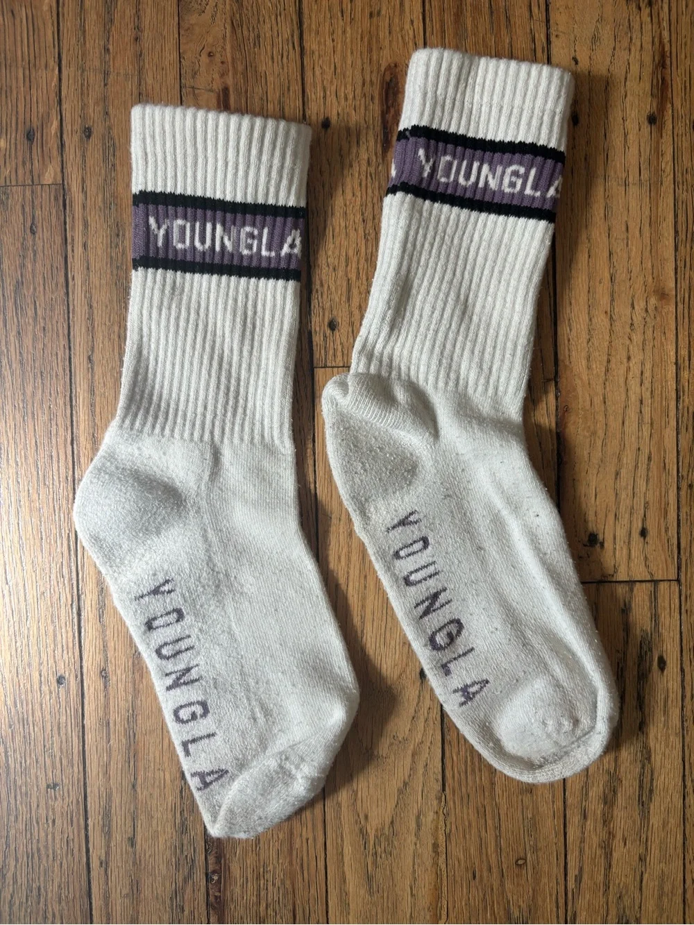 YoungLA White Crew Socks with Purple Stripe